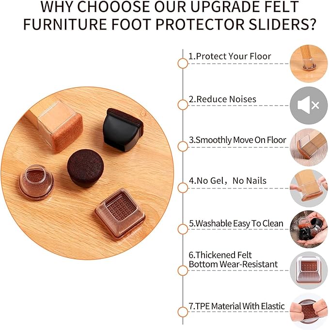 Silicone Chair Leg Floor Protectors with Felt, 16PCS Folding Card Table and Chairs End Tips Chair Leg Caps for Hardwood Floor, Clear Metal Furniture Feet Floor Protectors(Round, Fit:0.75"-1.1") - Image 6