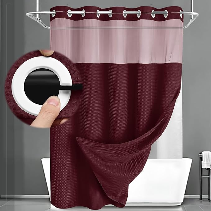 No Hook Shower Curtain and Liner Set,Burgundy Hotel Waffle Shower Curtain with Liner 75" L x 72" W by Unknown