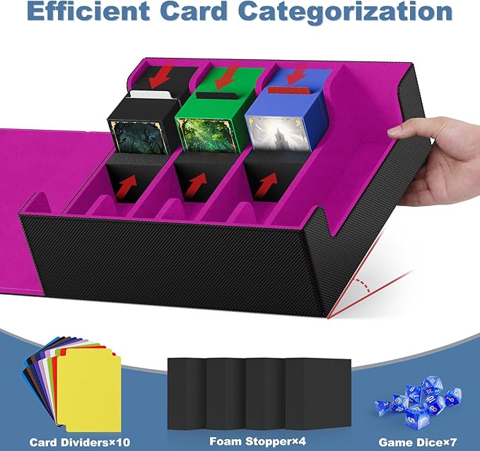 Mlikero Card Deck Case, 2400+ Trading Card Storage Box with 10 Colorful Dividers and 4 Foam Stoppers, Leather Magnetic Closure Commander Deck Box Fit for MTG, TCG (4 Rows, Black&Purple) - Image 3