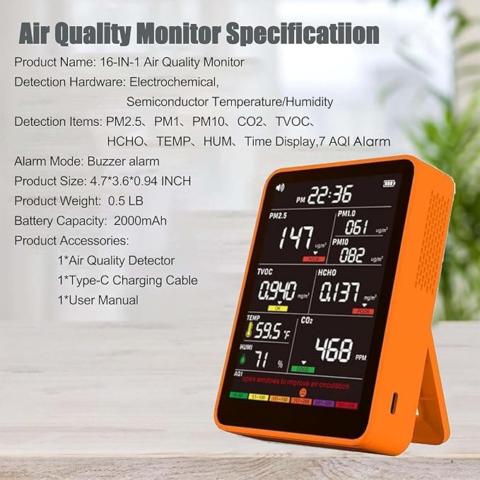 Professional Indoor Air Quality Monitor with AQI Beep Alarms, Portable Real-Time Detector for Home Cars Plants and Pets (Orange) - Image 6