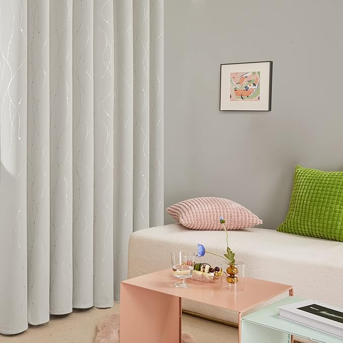 Deconovo Beige Curtains for Living Room, Room Darkening Soundproof Drapes with Wave Dots Silver Print, 38 x 72 Inch Long, Grommet Top, Set of 2 Window Panels for Living Room Bedroom Office Nursery - Image 5
