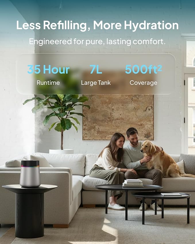 7L Ultrasonic Stainless Steel Cool Mist Humidifier for Bedroom & Large Room, Top Fill, Ultra Quiet 24dB, 3 Mist Levels, Easy Clean Dishwasher Safe Humidifier for Living Room Office - Image 3