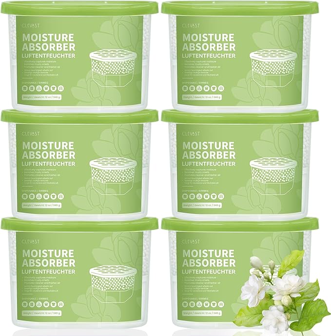 CLEVAST Moisture Absorber Boxes 6 Pack, 12 Oz Dehumidifier for Closet & Bathroom, Humidity Absorber for Wardrobe, Bedroom, RV & Car, Moisture Control, Jasmine Scented by CLEVAST