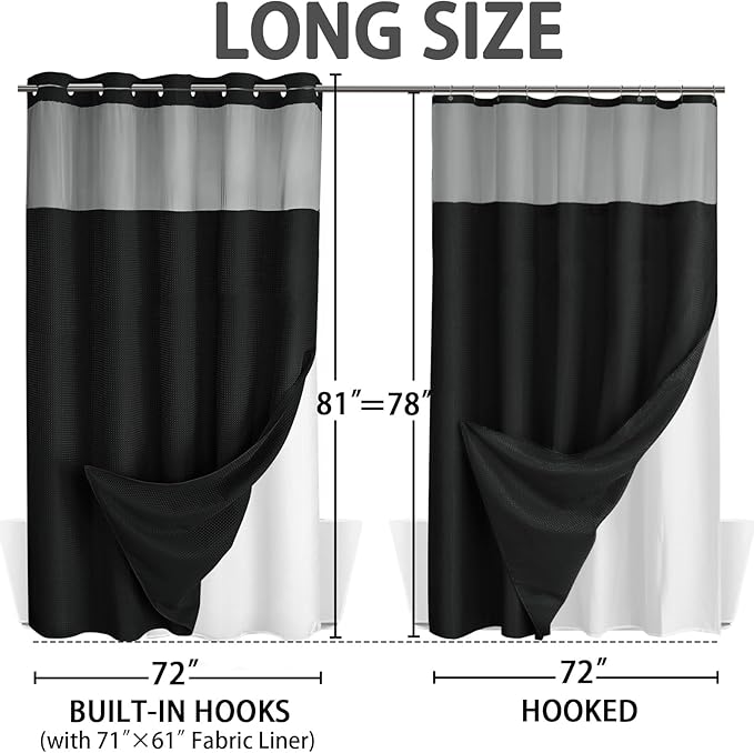 No Hook Shower Curtain and Liner Set,Black Hotel Waffle Shower Curtain with Liner 81" L x 72" W - Image 6
