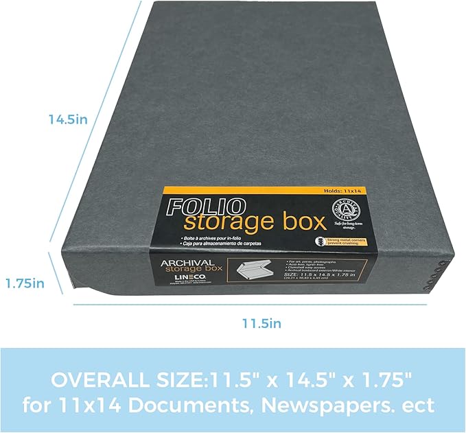 Lineco Archival Folio Storage Boxboard, Acid-Free with Metal Edges Boxboard, 11.5 X 14.5 X 1.75 Inches, Longevity Organize and Store Photos Documents Crafts Cards Magazines Prints DIY, Gray Exterior - Image 2