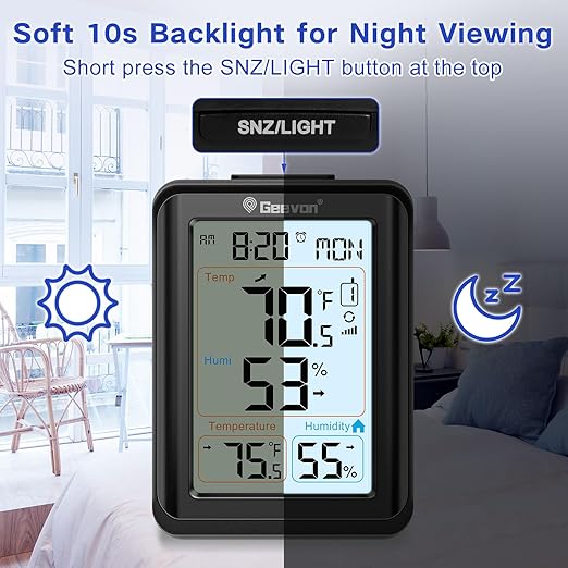Geevon Indoor Outdoor Thermometer for Seniors – Digital Temperature & Humidity Monitor with Alarm Clock, 3.8" Large Display, Backlight, 3 Channels, Battery Operated for Home, Bedroom, Greenhouse - Image 5