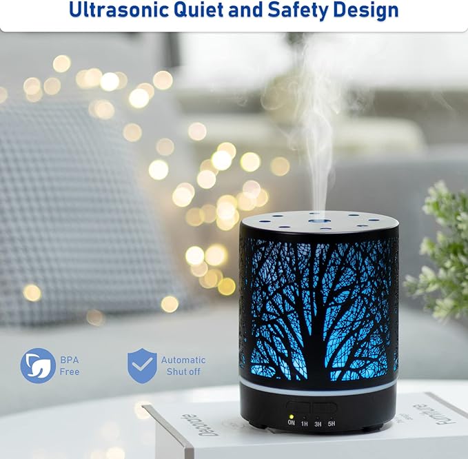Essential Oil Diffuser Aromatherapy Diffuser -300ml Metal Electric Ultrasonic Oil Diffuser for Large Room with Auto Shut-Off Protection, 4 Timer Setting &7 Colors Night Light for Home (Tree-300ML) - Image 3