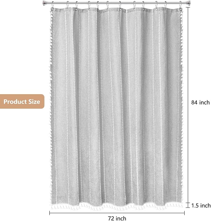 72 x 84 inch Extra Long Boho Chic Shower Curtain Heavyweight with Tassels, Grey Linen Textured Fabric Farmhouse Shower Curtain, Elegant Gray & White Striped Bathroom Curtain Water Repellent - Image 7