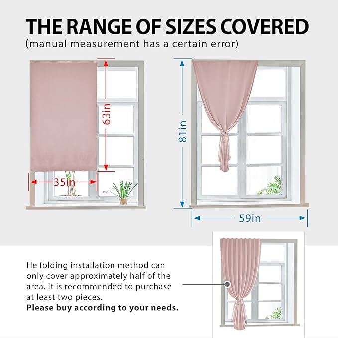 Autohesion Curtains for Windows,Bedroom Blackout Curtains for - Thermal Lnsulated No Drill Curtains Room Darkening Black Small Drapes, JILRON,(1 Panels,35Wx63L inch-Tender Pink) - Image 3