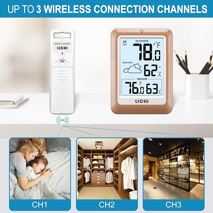 Indoor Outdoor Thermometer Wireless Weather Station, Internal External Thermometer Hygrometer, Home Batteryoperated Temperature Humiditymonitors330 Feet (About 100 Meters) Backlight Display (Khaki) - Image 4