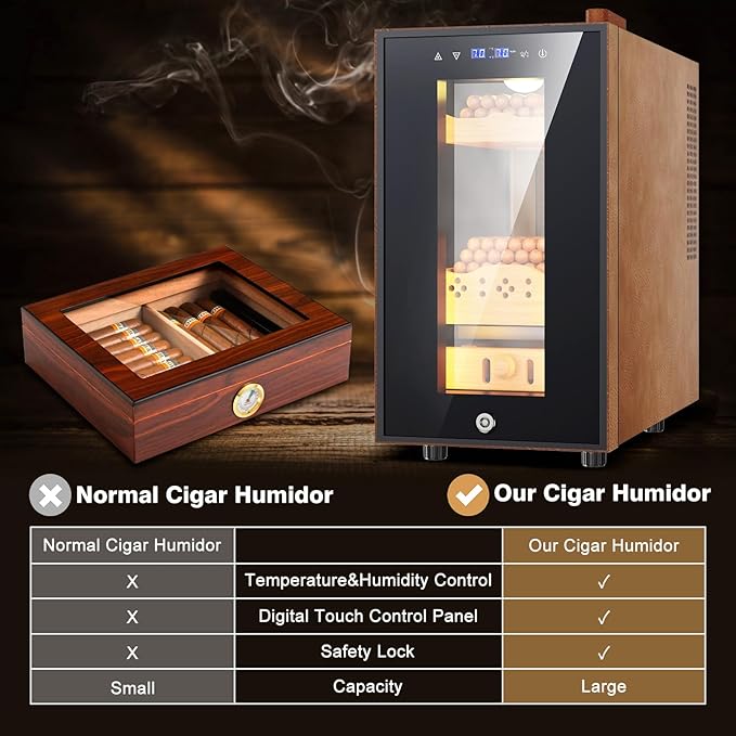 Electric Cooler Cabinet 25L with Temperature and Humidity Control, Leather Finish, Spanish Cedar Wood Shelves and Safety Lock (200 Counts Capacity), Gift for Men - Image 7