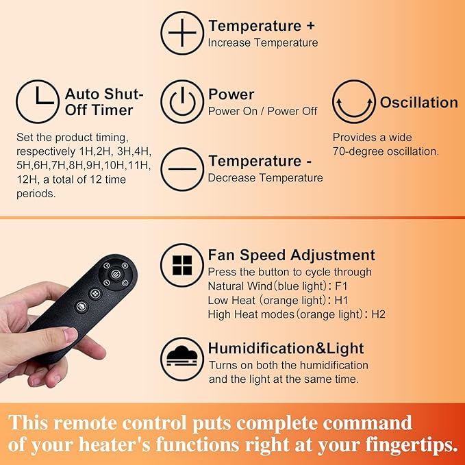 Space heaters for Indoor use, Space heater with humidifier,750w/1500W,Oscillating heater,with Tip-Over,PTC Material Rapid Heating,Humidifier with Ambient Light,12-hour timer, for 50-200 sq ft - Image 9