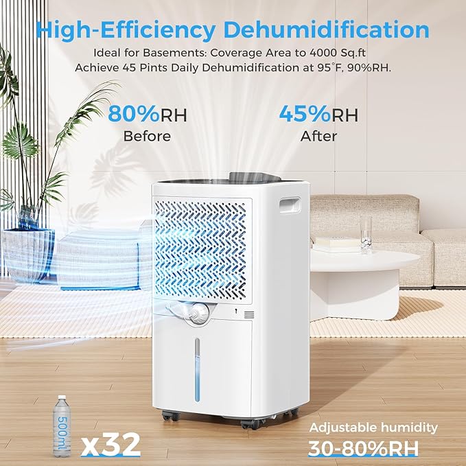 4000 sq.ft Dehumidifier for Basement, Trazico 45 Pint Dehumidifiers for Home with Drain Hose, Smart Humidity Control, 24H Timer, Auto Defrost, Ideal for Large Room, Bathroom, Bedroom, Garage, Black - Image 2