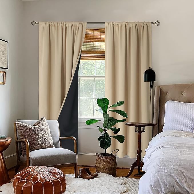 BGment Thermal Insulated 100% Blackout Curtains for Bedroom with Black Liner, Double Layer Full Room Darkening Noise Reducing Rod Pocket Curtain (42 x 84 Inch, Beige, 2 Panels) - Image 2