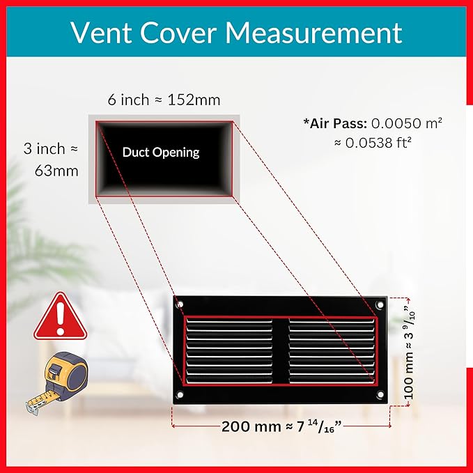 6x2 Vent Cover (Duct Opening) - Black HVAC Return Air Grille for Wall and Ceiling - Metal AC Vent Cover with Mesh - Rectangular Ventilation Register - External Dimensions: 7,87" W x 3.94" H - Image 6
