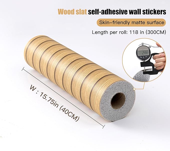 Peel and Stick PVC Slat Wall Panels, Wood Grain Self-Adhesive Soundproof Moisture-Resistant Paneling, 3D Faux Wood Panels for Bedroom Bathroom Walls & Ceilings 118"x15.75"(Light tan,13Sq.ft) - Image 4