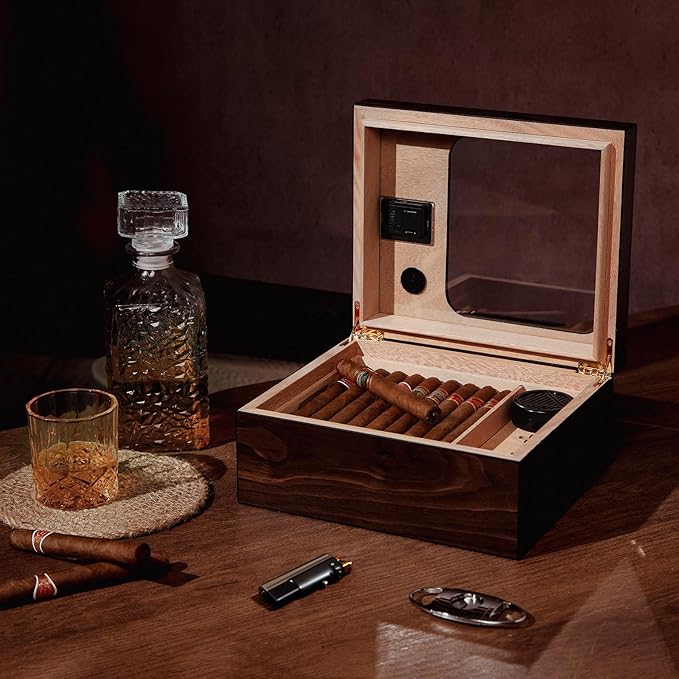 Cigar Humidor, Modern Glass Top Cedar Humidor Cigar Box with Digital Hygrometer, Humidifier, Handcrafted Cedar Wood Tray and Divider, Cigar Case Holds 25-50 Cigars, Cigar Accessories for Men - Image 8