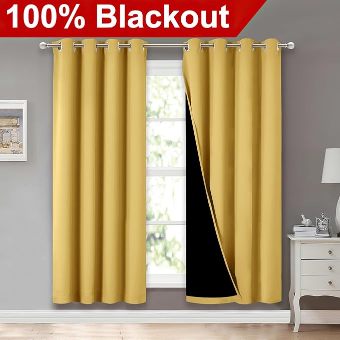 NICETOWN Bright Yellow Full Shade Curtain Panels, Pair of Energy Smart & Noise Blocking Out Blackout Drapes for Dining Room Window, Thermal Insulated Guest Room Lined Window Dressing, 52 x 72 inch - Image 2