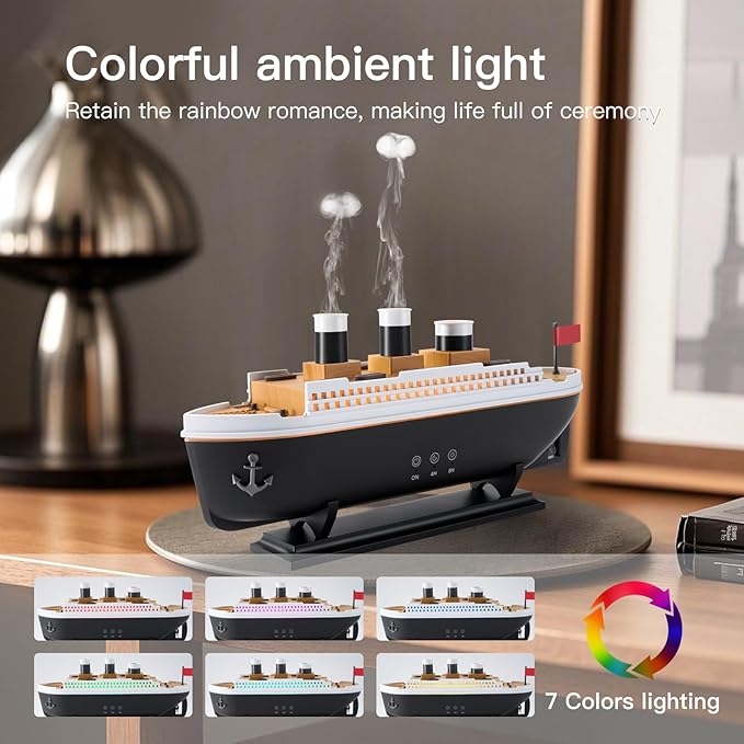 Titanic Humidifier 250ml, Essential Oil Diffuser Cool Mist Ultrasonic Aroma Aromatherapy Diffuser with Remote Control 7 Light 2 Mist Mode Auto Shut-Off for Bedroom Office Hotel(Black White) - Image 3