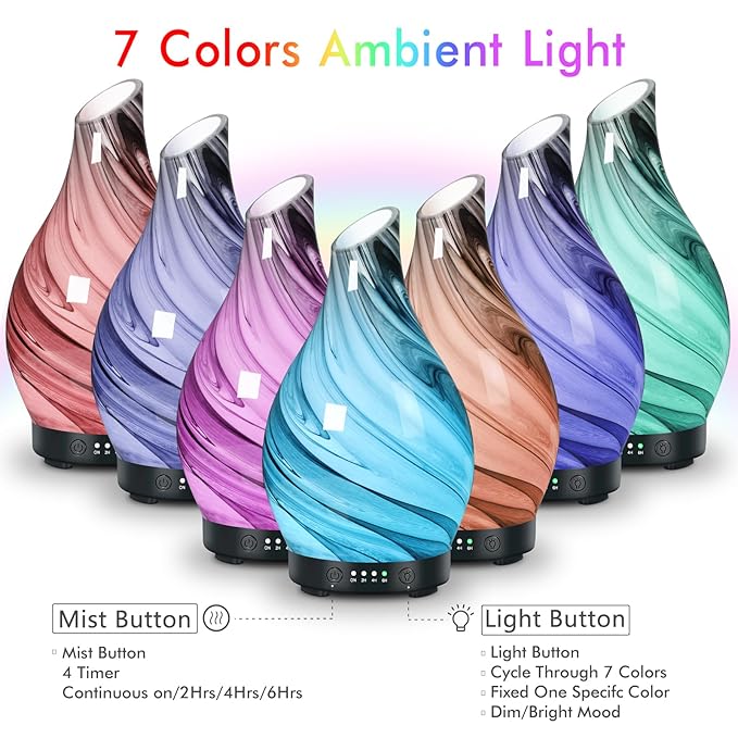 Essential Oil Diffuser Aroma Diffuser- 200 ml Art Glass Ultrasonic Cool Mist Oil Diffuser for Aromatherapy Auto Shut-Off Protection & 7 Colors Changed LED Light for Home Office Decor & Gift (200ml) - Image 3