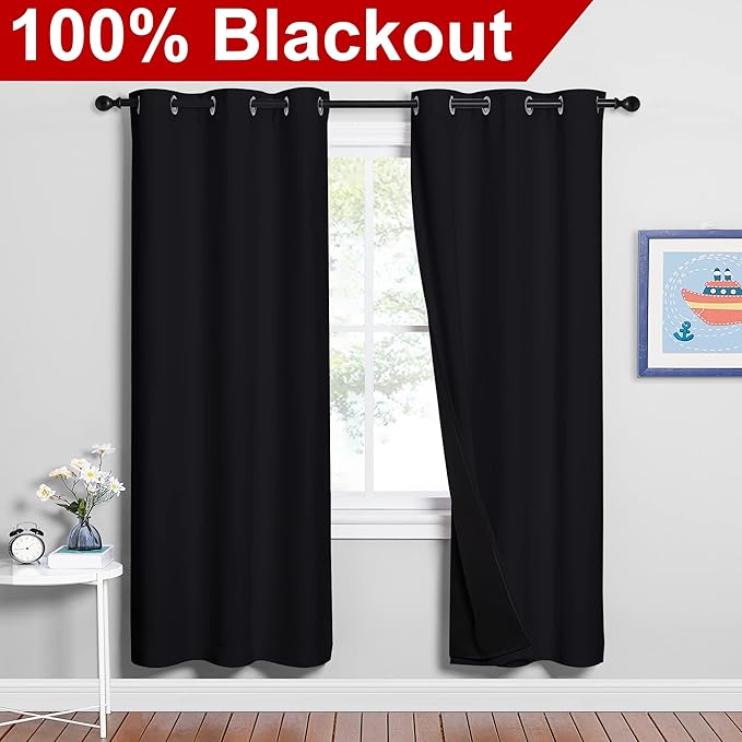 NICETOWN 100% Blackout Window Curtain Panels, Full Light Blocking Drapes with Black Liner for Nursery, 72 inches Drop Thermal Bedroom Drapes and Curtains (Black, 2 Pieces, 42 inches Wide Per Panel) - Image 2