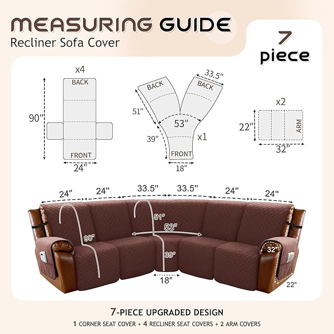Arfntevss Waterproof Recliner Sectional Couch Covers for Reclining Sectional L Shape Sofa Cover Washable Recliner L Shaped Slipcover Sets for Dog Furniture Protector (5 Seater, Chocolate Brown) - Image 5