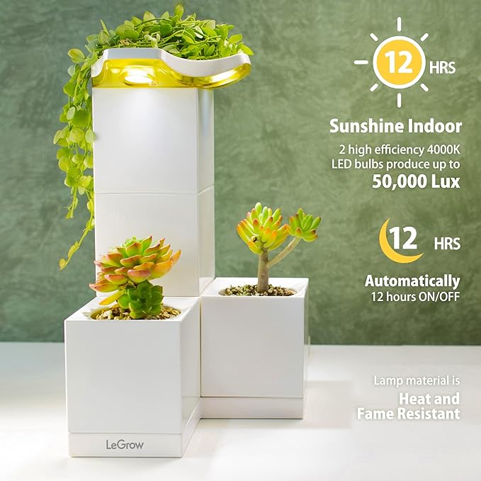 LeGrow Indoor Planter with LED Grow Light, Automatic 12 Hours Timer, 7 Days Watering-Free, 2 Self Watering Pots for Small Plants, Home Decor & Office Desktop, White - Image 2