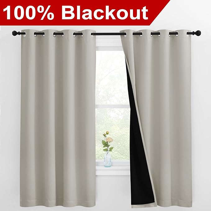 NICETOWN Natural 100% Blackout Lined Curtains, 2 Thick Layers Completely Blackout Window Treatment Thermal Insulated Drapes for Kitchen/Bedroom (1 Pair, 55 inches Width x 68 inches Length Each Panel) - Image 2