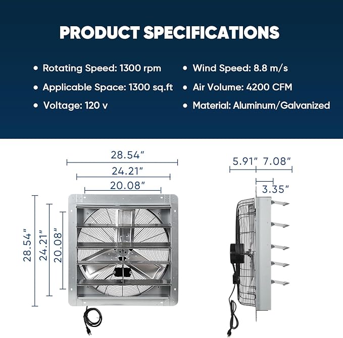 KEN BROWN 24 Inch Shutter Exhaust Fan with Controller Power Cord, Gable Vent Fan, Wall Mount Ventilation, High Speed 4200 CFM, Automatic Aluminum Blades, for Garages, Shop, Greenhouse, Attic - Image 2