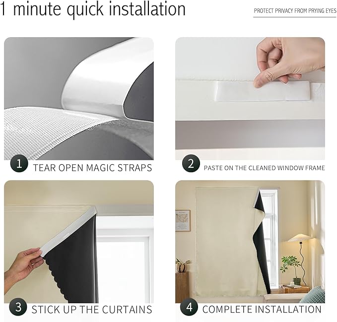 Adhesive Curtain 100% Blackout No-Drill Easy Install for Bedroom Blinds Light Blocking (Beige-47 W x 95" L-1P) - Image 2