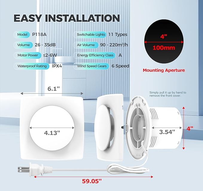 Bathroom Exhaust Fan with Light, 10 RGB Lights 3000 RPM Upgraded 2 Way 6 Speed Bathroom Fan with Remote Low Noise DC Motor Energy Saving Household Ventilation Fans for Attic Basement Garage V118A25 - Image 7