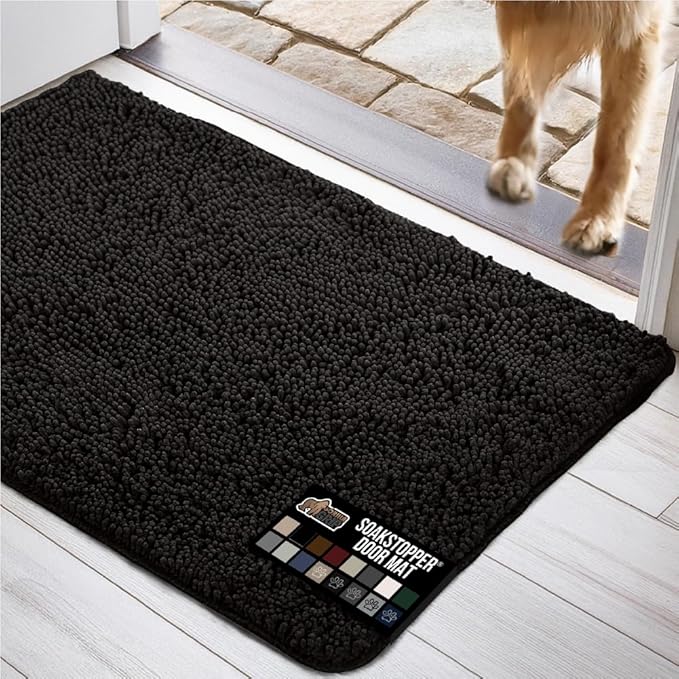 GORILLA GRIP SOAKSTOPPER Dog Door Mat, Machine Washable Rug Absorbent Doormat Captures Moisture Mud Dirt, Quick Dry Soft Chenille Entryway Rugs Indoor Entrance Mats for Dog Paws, 24x16 Black by GorillaGrip