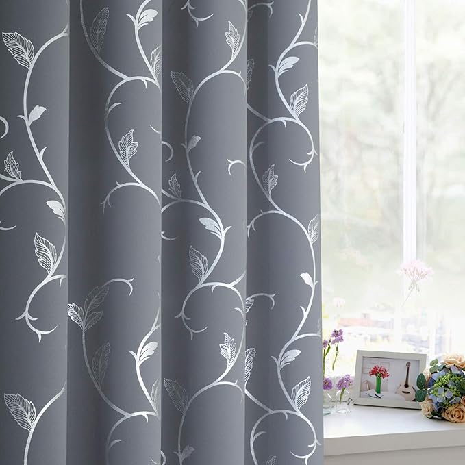 BUHUA Striped Blackout Curtains Grommet Top Wave Vine Pattern Room Darkening Curtains for Patio Door 52Wx84L Light Grey 2 Panels - Image 3