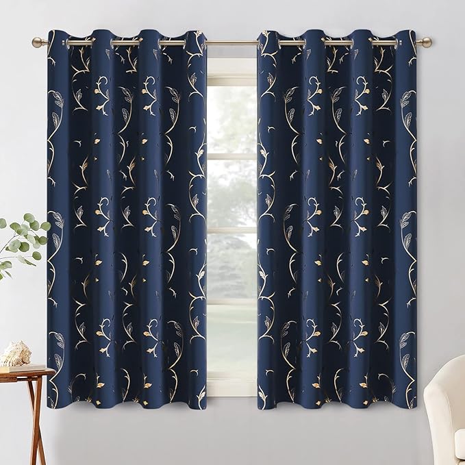 BUHUA Blackout Curtains Gold Foil Print Flower Vine Grommet Drapes, Room Darkening Thermal Insulated Curtains for Bedroom, Navy Blue, 52Wx45L, 2 Panels - Image 2