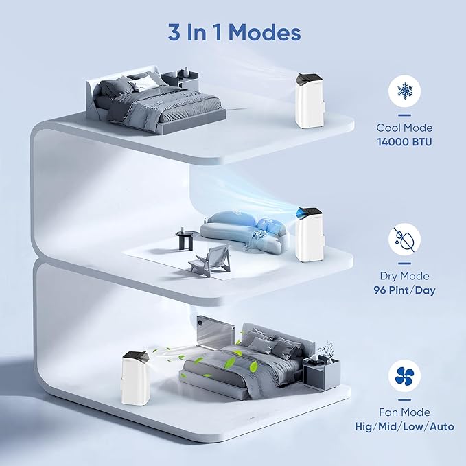 14000 BTU Portable Air Conditioners,Cooling,Fan,Dehumidification,Sleep Mode for Large Rooms up to 700 Sq.Ft,AC Unit with Remote Control,24H Timer,Installation Kits Included - Image 3
