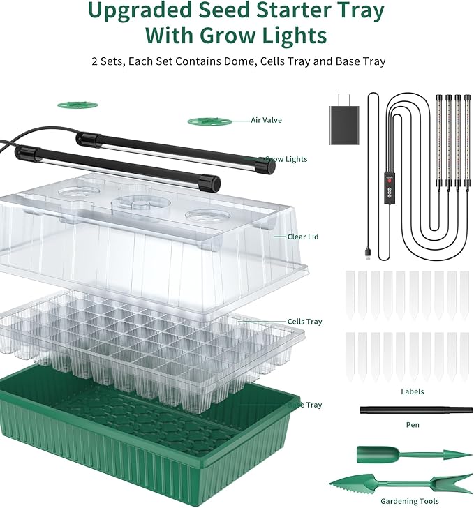 Seed Starter Tray, 120-Cells Seed Starter Kit with Grow Light, 2 Pack Reusable Seeding Starter Trays with Air Vent Humidity Domes for Greenhouse Gardening Indoor Planting Growing (Green Base) - Image 5