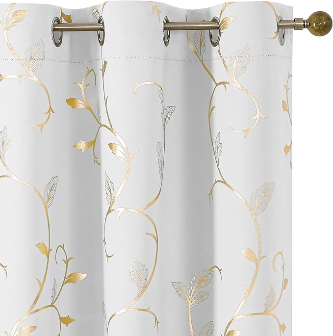 BUHUA Blackout Curtains Gold Foil Print Flower Vine Grommet Drapes, Room Darkening Thermal Insulated Curtains, Noise Reducing Blackout Curtain for Bedroom, Greyish White, 38Wx84L, 2 Panels by BUHUA