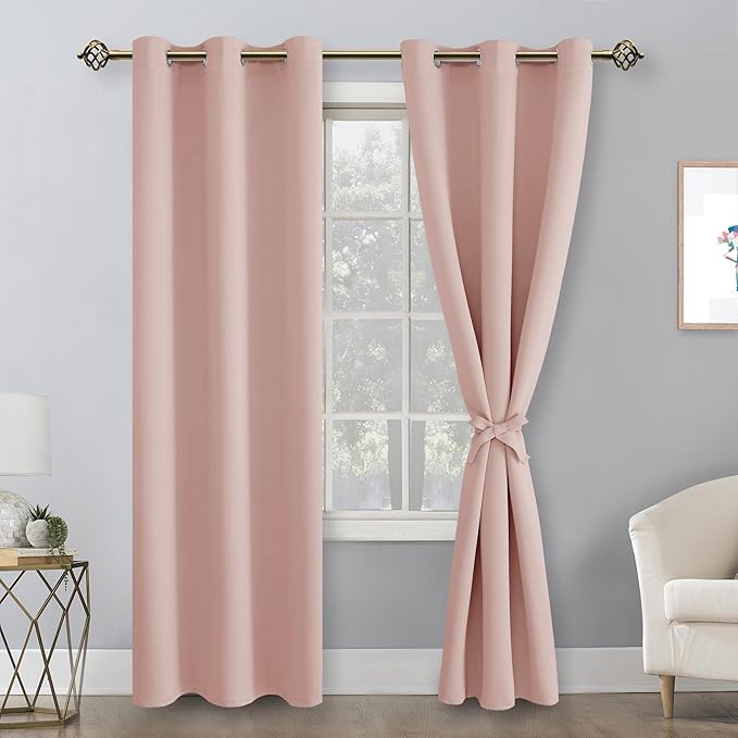 Hiasan Grommet Blackout Curtains for Bedroom, 42 x 84 Inches Long - Thermal Insulated Light Blocking Window Curtains for Living Room, 2 Drape Panels Sewn with Tiebacks, Blush - Image 2
