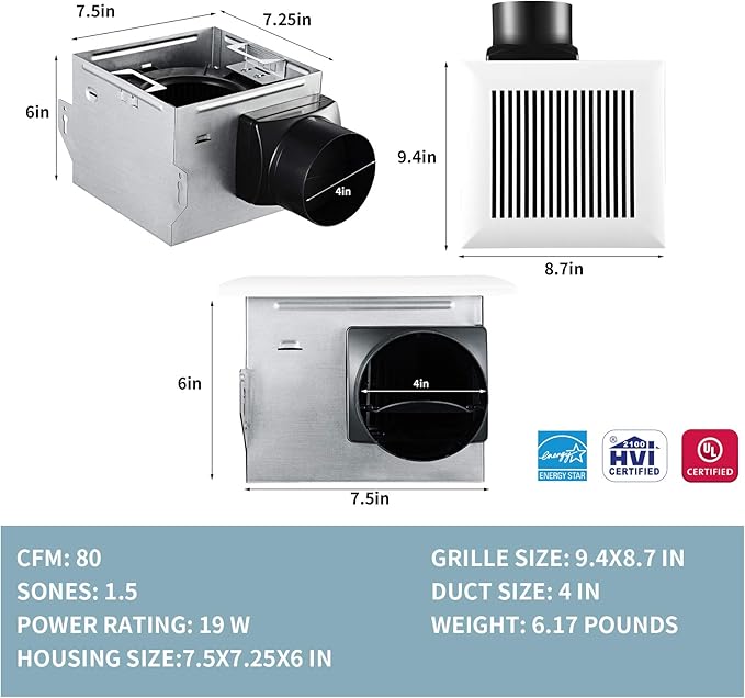 Tech Drive Very Quiet Bathroom Exhaust Fan - 80 CFM, 1.5 Sone, No Attic Access Needed, Energy Star Certified, Easy to Install,4-Inch Duct, Ceiling Mounted for Bathrooms Up to 85 Sq. Ft - Image 2
