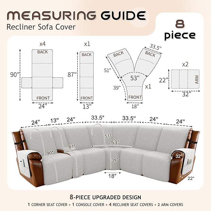 Arfntevss Waterproof Recliner Sectional Couch Covers for Reclining L Shape Sofa Cover Non Slip Washable L Shaped Slipcover Sets for Dog Furniture Protector (5 Seat with 1 Console Cover, Pale Gray) - Image 5