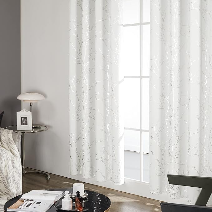 Deconovo White Curtains, Room Darkening Curtain, Thermal Insulated Noise Reducing Drapes, Silver Print, 52 x 72 Inch Long, Grommet Top, Window Panels for Living Room Bedroom Nursery Office, Set of 2 - Image 4