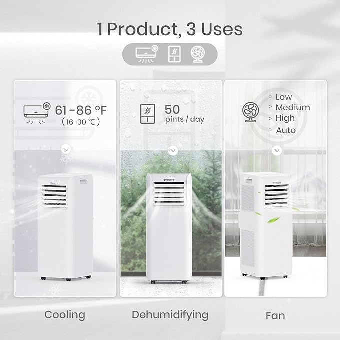 TOSOT 9,000 BTU Air Conditioner Easier to Install, Quiet and 3-in-1 Portable AC, Dehumidifier, Fan for Rooms up to 250 Sq Ft, Aovia Series, White - Image 3