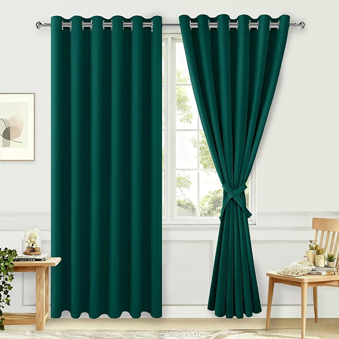 Hiasan Room Darkening Curtains for Bedroom, 70 x 84 Inches - Thermal Insulated & Energy Saving Window Drapes for Living Room/Dorm Room, Set of 2 Panels Sewn with Tiebacks, Hunter Green by Hiasan