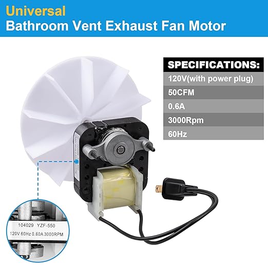 Siasky Universal Bathroom Vent Exhaust Fan Motor Replacement Motors Kit, Fit for Nu-Tone Br-oan Exhaust Vent Fan Motor 120V 50CFM, with Blower Wheel - Image 2