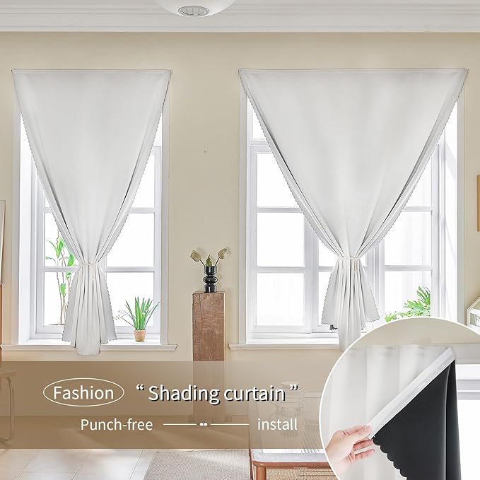 Magic Tape Stick on Portable Curtains for Windows,Bedroom Blackout Curtains for - Thermal Lnsulated No Drill Curtains Room Darkening Black Small Drapes(1 Panels,59Wx72L inch-White) - Image 9