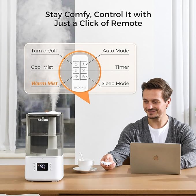 BOXING 6L Warm & Cool Mist Humidifiers for Bedroom, Air Humidfier for Large Room with Remote Control, Auto Mode Perfect for Baby & Plants, Top Fill, Sleep Mode, Timer, Essential Oil Tray, 60H - Image 5