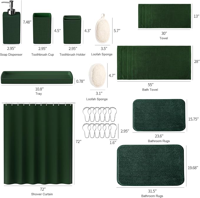 Green Bathroom Set, Dark Green Bathroom Accessories Set with Shower Curtain and Rugs, Bath Towel Sets, Natural Loofah Sponge, Soap Dispenser, Toothbrush Holder, Bathroom Tumbler and Tray for Bathroom - Image 8