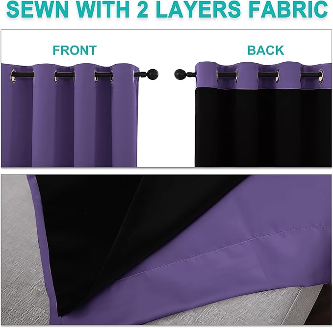 NICETOWN 100% Blackout Blinds, Set of 2, 52 inches x 102 inches, Laundry Room Decor Window Treatment Curtains for Large Patio Sliding Door, Thermal Insulated Lilac Purple Curtains for Bedroom - Image 5