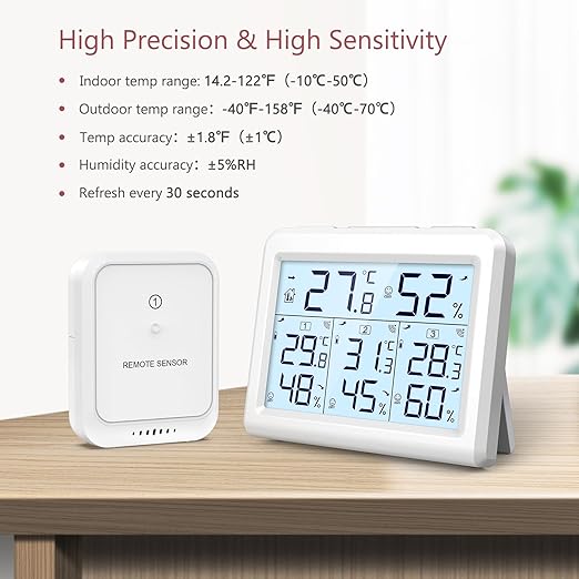 LOFICOPER Indoor Outdoor Thermometer Wireless, Digital Temperature Humidity Meter, Indoor Hygrometer Thermometer with 3 Sensors, Max/Min Record, Comfort Indicator, Backlight, for Home Office Bar - Image 5