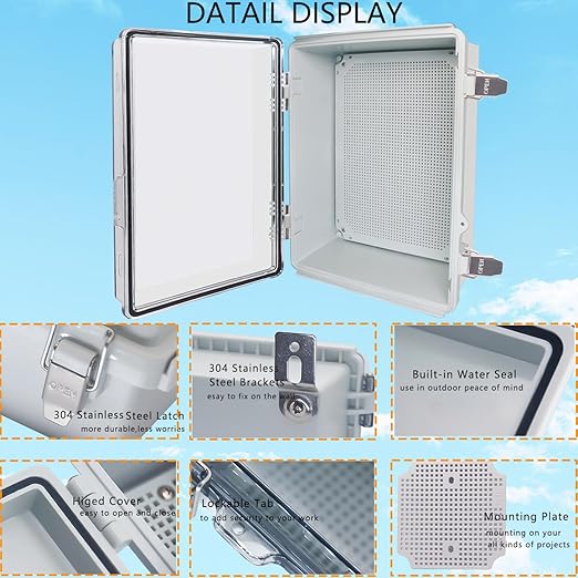 Waterproof Junction Box, ABS Plastic Electrical Box with Stainless Steel Latch, Hinged Cover Electric Project Enclosure Box with Mounting Plate, Wall Brackets,Clear 15.7"x11.8"x7.1 - Image 3
